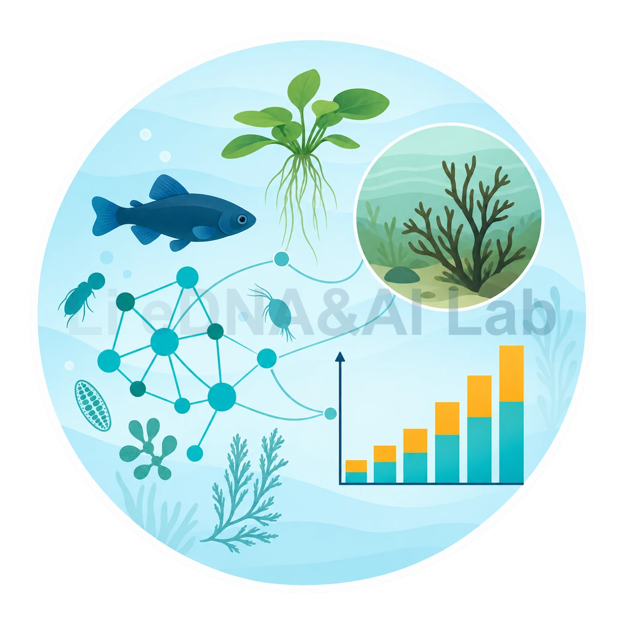 水生物种、群落互作网络与数据图表的生态状况评估插画