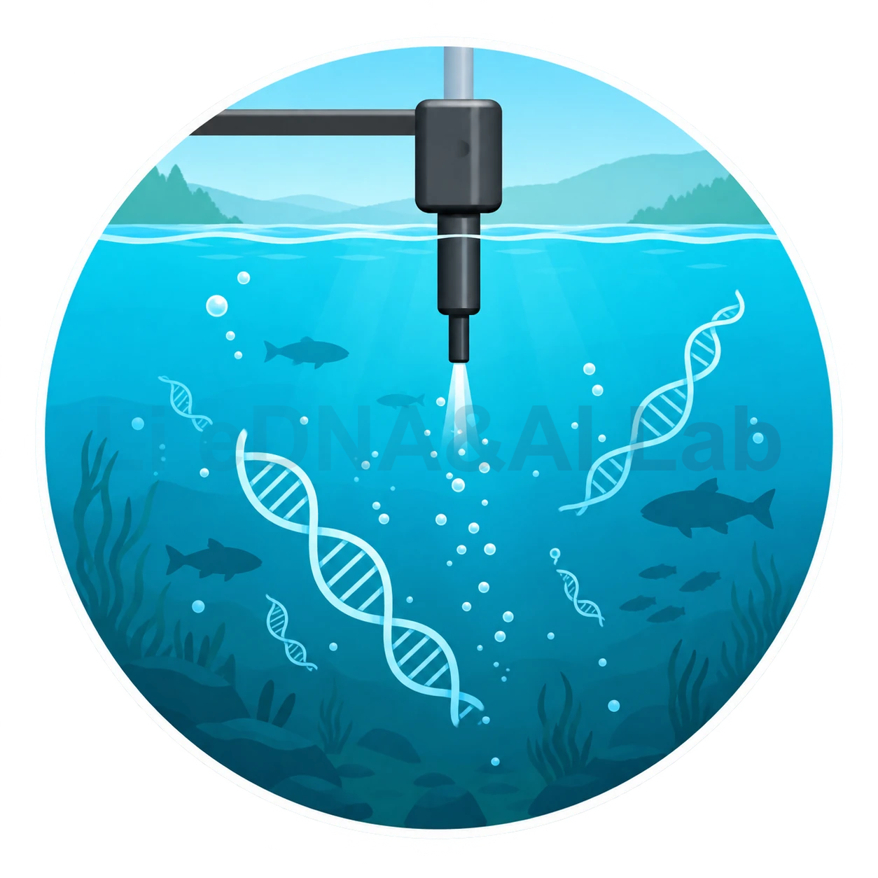 水下自动采样探头、DNA 双螺旋与鱼类的 eDNA 生态监测插画